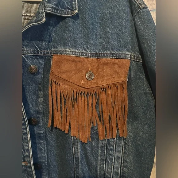 Womens Jean Denim Suede Fringe Western Cowgirl Rodeo Jacket Large Rock n Roll - Picture 8 of 16